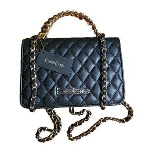 Bebe FINLAY Black Faux Leather Quilted Logo Gold Chain Crossbody Bag MSRP$79